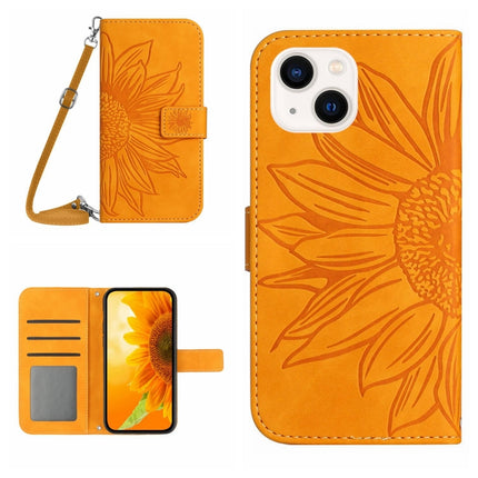 Skin Feel Sun Flower Embossed Flip Leather Phone Case with Lanyard, For iPhone 15