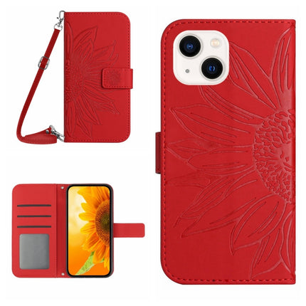 Skin Feel Sun Flower Embossed Flip Leather Phone Case with Lanyard, For iPhone 15 Pro, For iPhone 15 Plus