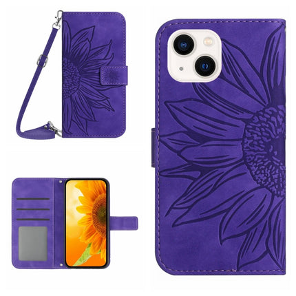 Skin Feel Sun Flower Embossed Flip Leather Phone Case with Lanyard, For iPhone 15 Pro, For iPhone 15 Plus