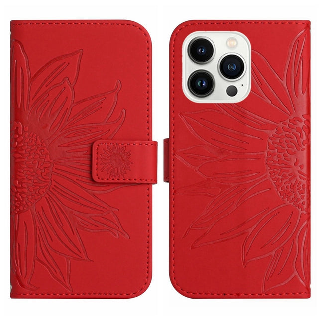 Skin Feel Sun Flower Embossed Flip Leather Phone Case with Lanyard, For iPhone 15 Pro, For iPhone 15 Plus