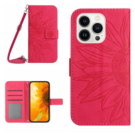 Skin Feel Sun Flower Embossed Flip Leather Phone Case with Lanyard, For iPhone 15 Pro, For iPhone 15 Plus