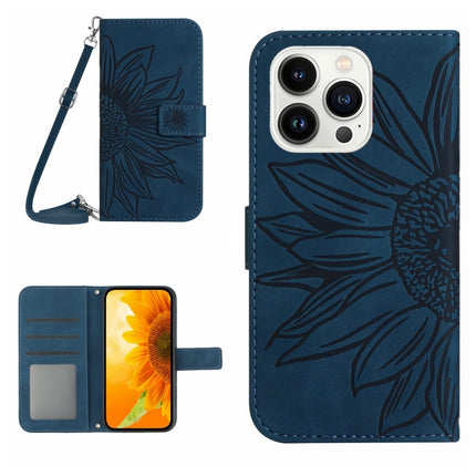 Skin Feel Sun Flower Embossed Flip Leather Phone Case with Lanyard, For iPhone 16, For iPhone 15 Pro Max