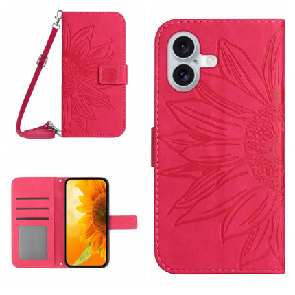 Skin Feel Sun Flower Embossed Flip Leather Phone Case with Lanyard, For iPhone 16, For iPhone 15 Pro Max