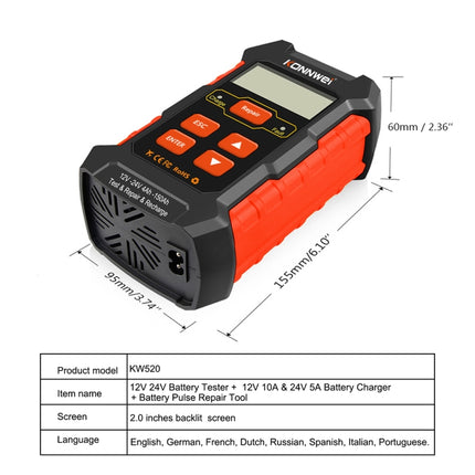 KONNWEI KW520 12V / 24V 3 in 1 Car Battery Tester with Detection & Repair & Charging Function, KW520