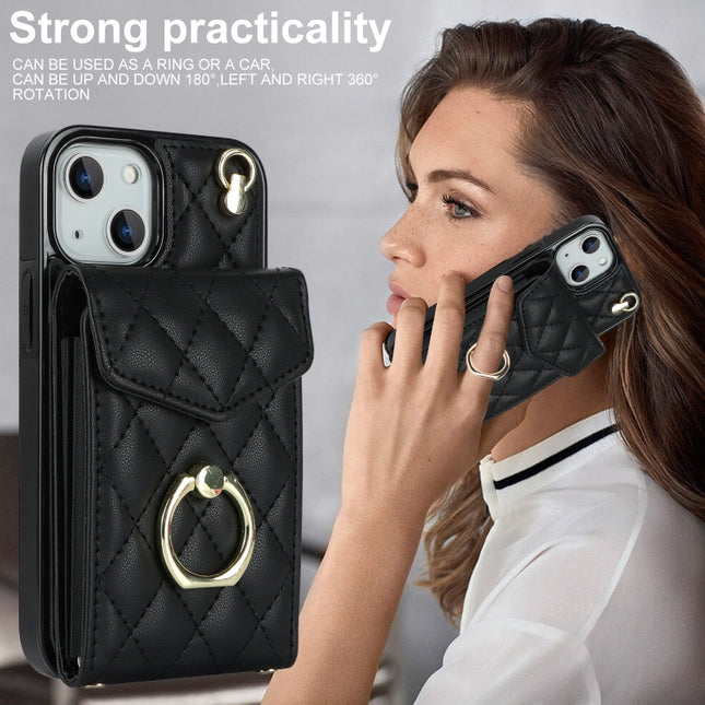 Rhombic Texture Card Bag Phone Case with Long Lanyard, For iPhone 14 Plus, For iPhone 14, For iPhone 14 Pro