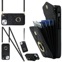 Rhombic Texture Card Bag Phone Case with Long Lanyard, For iPhone 15, For iPhone 14 Plus, For iPhone 14, For iPhone 14 Pro