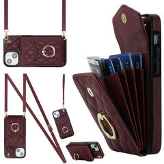 Rhombic Texture Card Bag Phone Case with Long Lanyard, For iPhone 15, For iPhone 14 Plus, For iPhone 14, For iPhone 14 Pro