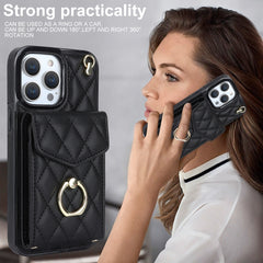 Rhombic Texture Card Bag Phone Case with Long Lanyard, For iPhone 14 Pro, For iPhone 15 Plus, For iPhone 15, For iPhone 14 Pro Max