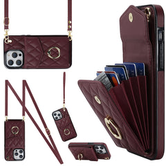 Rhombic Texture Card Bag Phone Case with Long Lanyard, For iPhone 15, For iPhone 14 Plus, For iPhone 14, For iPhone 14 Pro