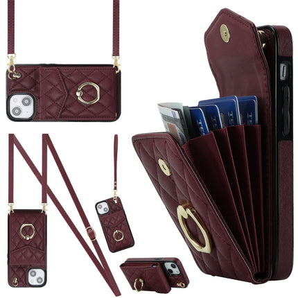 Rhombic Texture Card Bag Phone Case with Long Lanyard