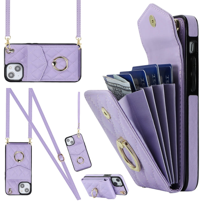 Rhombic Texture Card Bag Phone Case with Long Lanyard, For iPhone 13, For iPhone 12 / 12 Pro, For iPhone 12 Pro Max