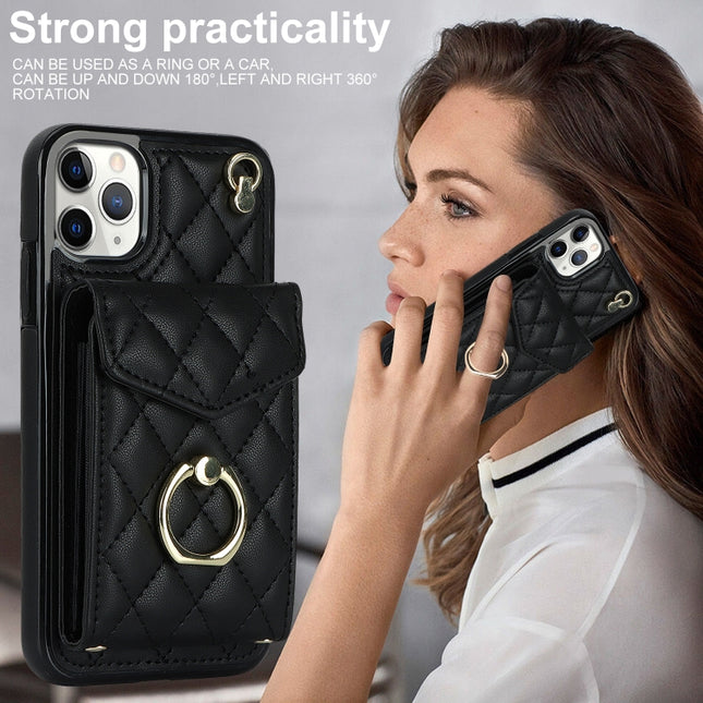 Rhombic Texture Card Bag Phone Case with Long Lanyard