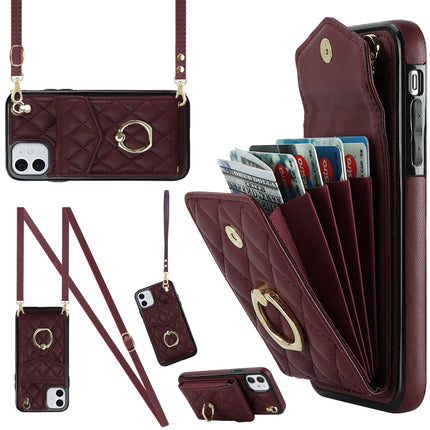 Rhombic Texture Card Bag Phone Case with Long Lanyard