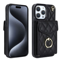 Rhombic Texture Card Bag Phone Case with Long Lanyard, For iPhone 15 Pro Max, For iPhone 14 Plus, For iPhone 14, For iPhone 15 Pro