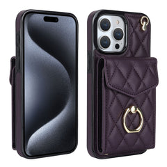 Rhombic Texture Card Bag Phone Case with Long Lanyard, For iPhone 15 Pro Max, For iPhone 14 Plus, For iPhone 14, For iPhone 15 Pro