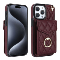 Rhombic Texture Card Bag Phone Case with Long Lanyard, For iPhone 15 Pro Max, For iPhone 14 Plus, For iPhone 14, For iPhone 15 Pro