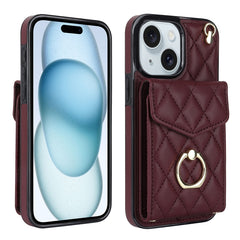 Rhombic Texture Card Bag Phone Case with Long Lanyard, For iPhone 16e, For iPhone 15 Pro Max, For iPhone 15 Pro, For iPhone 15 Plus