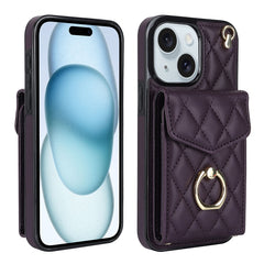 Rhombic Texture Card Bag Phone Case with Long Lanyard, For iPhone 14 Pro, For iPhone 15 Plus, For iPhone 15, For iPhone 14 Pro Max