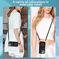 Rhombic Texture Card Bag Phone Case with Long Lanyard, For iPhone 15, For iPhone 14 Plus, For iPhone 14, For iPhone 14 Pro