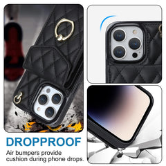 Rhombic Texture Card Bag Phone Case with Long Lanyard, For iPhone 15, For iPhone 14 Plus, For iPhone 14, For iPhone 14 Pro