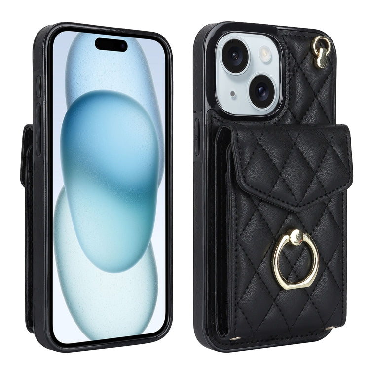 Rhombic Texture Card Bag Phone Case with Long Lanyard, For iPhone 15, For iPhone 14 Plus, For iPhone 14, For iPhone 14 Pro