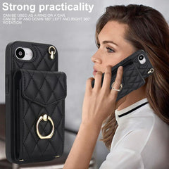 Rhombic Texture Card Bag Phone Case with Long Lanyard, For iPhone 16e, For iPhone 15 Pro Max, For iPhone 15 Pro, For iPhone 15 Plus