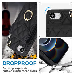 Rhombic Texture Card Bag Phone Case with Long Lanyard, For iPhone 16e, For iPhone 15 Pro Max, For iPhone 15 Pro, For iPhone 15 Plus