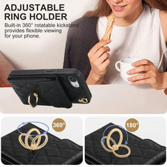 Rhombic Texture Card Bag Phone Case with Long Lanyard, For iPhone 16e, For iPhone 15 Pro Max, For iPhone 15 Pro, For iPhone 15 Plus
