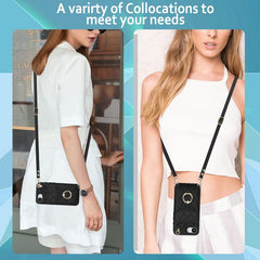 Rhombic Texture Card Bag Phone Case with Long Lanyard, For iPhone 16e, For iPhone 15 Pro Max, For iPhone 15 Pro, For iPhone 15 Plus