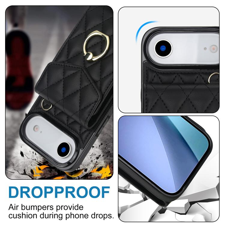 Rhombic Texture Card Bag Phone Case with Long Lanyard