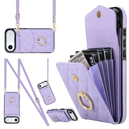Rhombic Texture Card Bag Phone Case with Long Lanyard, For iPhone 17, For iPhone Air, For iPhone 15 Pro Max