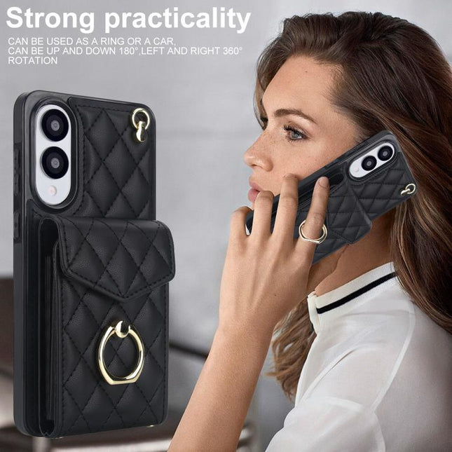 Rhombic Texture Card Bag Phone Case with Long Lanyard