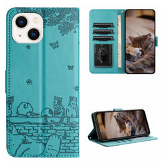 Cat Embossing Pattern Leather Phone Case with Lanyard, For iPhone 15 Pro, For iPhone 15 Plus, For iPhone 15, For iPhone 14 Plus, For iPhone 14, For iPhone 14 Pro