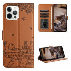 Cat Embossing Pattern Leather Phone Case with Lanyard, iPhone 16e, For iPhone 15 Pro Max, For iPhone 15 Pro, For iPhone 15 Plus