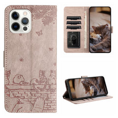 Cat Embossing Pattern Leather Phone Case with Lanyard, iPhone 16e, For iPhone 15 Pro Max, For iPhone 15 Pro, For iPhone 15 Plus