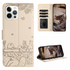 Cat Embossing Pattern Leather Phone Case with Lanyard, For iPhone 15 Pro, For iPhone 15 Plus, For iPhone 15, For iPhone 14 Plus, For iPhone 14, For iPhone 14 Pro