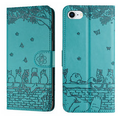 Cat Embossing Pattern Leather Phone Case with Lanyard, iPhone 16e, For iPhone 15 Pro Max, For iPhone 15 Pro, For iPhone 15 Plus