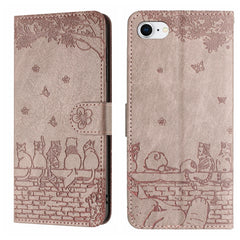 Cat Embossing Pattern Leather Phone Case with Lanyard, iPhone 16e, For iPhone 15 Pro Max, For iPhone 15 Pro, For iPhone 15 Plus