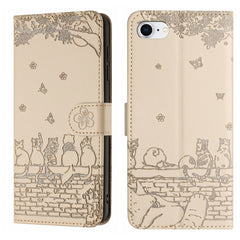 Cat Embossing Pattern Leather Phone Case with Lanyard, iPhone 16e, For iPhone 15 Pro Max, For iPhone 15 Pro, For iPhone 15 Plus