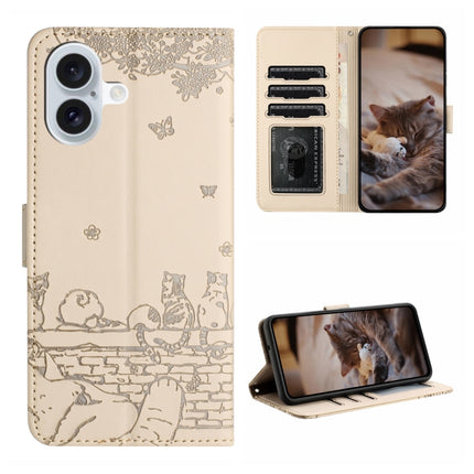 Cat Embossing Pattern Leather Phone Case with Lanyard, iPhone 16e, For iPhone 16 Pro Max, For iPhone 16 Pro, For iPhone 16 Plus