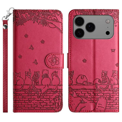Cat Embossing Pattern Leather Phone Case with Lanyard, For iPhone 17 Pro Max, For iPhone 17 Pro, For iPhone 17, For iPhone Air