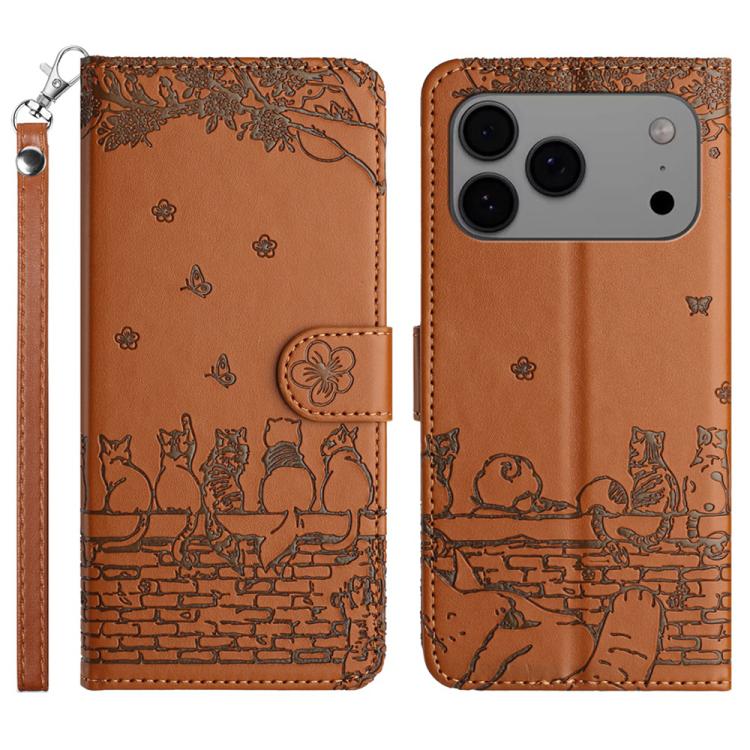 Cat Embossing Pattern Leather Phone Case with Lanyard