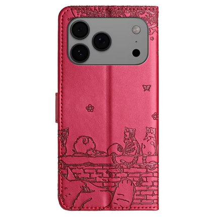Cat Embossing Pattern Leather Phone Case with Lanyard, For iPhone 16e / 17e, For iPhone 17 Pro Max, For iPhone 17 Pro, For iPhone 17