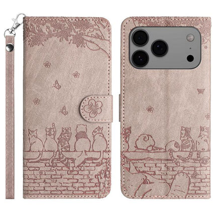 Cat Embossing Pattern Leather Phone Case with Lanyard, For iPhone 17 Pro Max, For iPhone 17 Pro, For iPhone 17, For iPhone Air