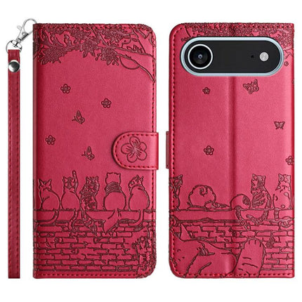 Cat Embossing Pattern Leather Phone Case with Lanyard, For iPhone 17 Pro Max, For iPhone 17 Pro, For iPhone 17, For iPhone Air