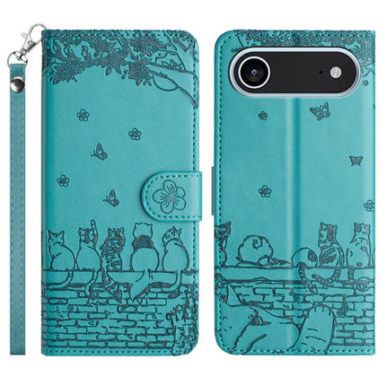 Cat Embossing Pattern Leather Phone Case with Lanyard, For iPhone 17 Pro Max, For iPhone 17 Pro, For iPhone 17, For iPhone Air