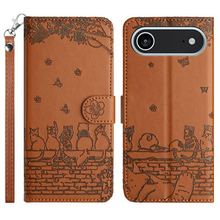Cat Embossing Pattern Leather Phone Case with Lanyard, For iPhone 17 Pro Max, For iPhone 17 Pro, For iPhone 17, For iPhone Air