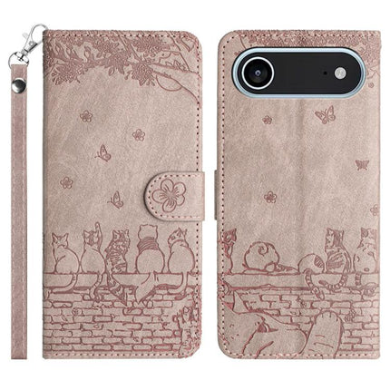 Cat Embossing Pattern Leather Phone Case with Lanyard, For iPhone 17 Pro Max, For iPhone 17 Pro, For iPhone 17, For iPhone Air
