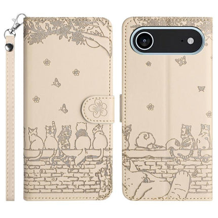 Cat Embossing Pattern Leather Phone Case with Lanyard, For iPhone 17 Pro Max, For iPhone 17 Pro, For iPhone 17, For iPhone Air