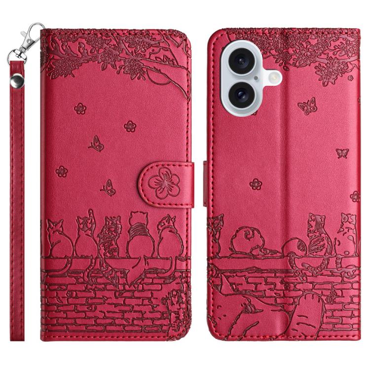 Cat Embossing Pattern Leather Phone Case with Lanyard